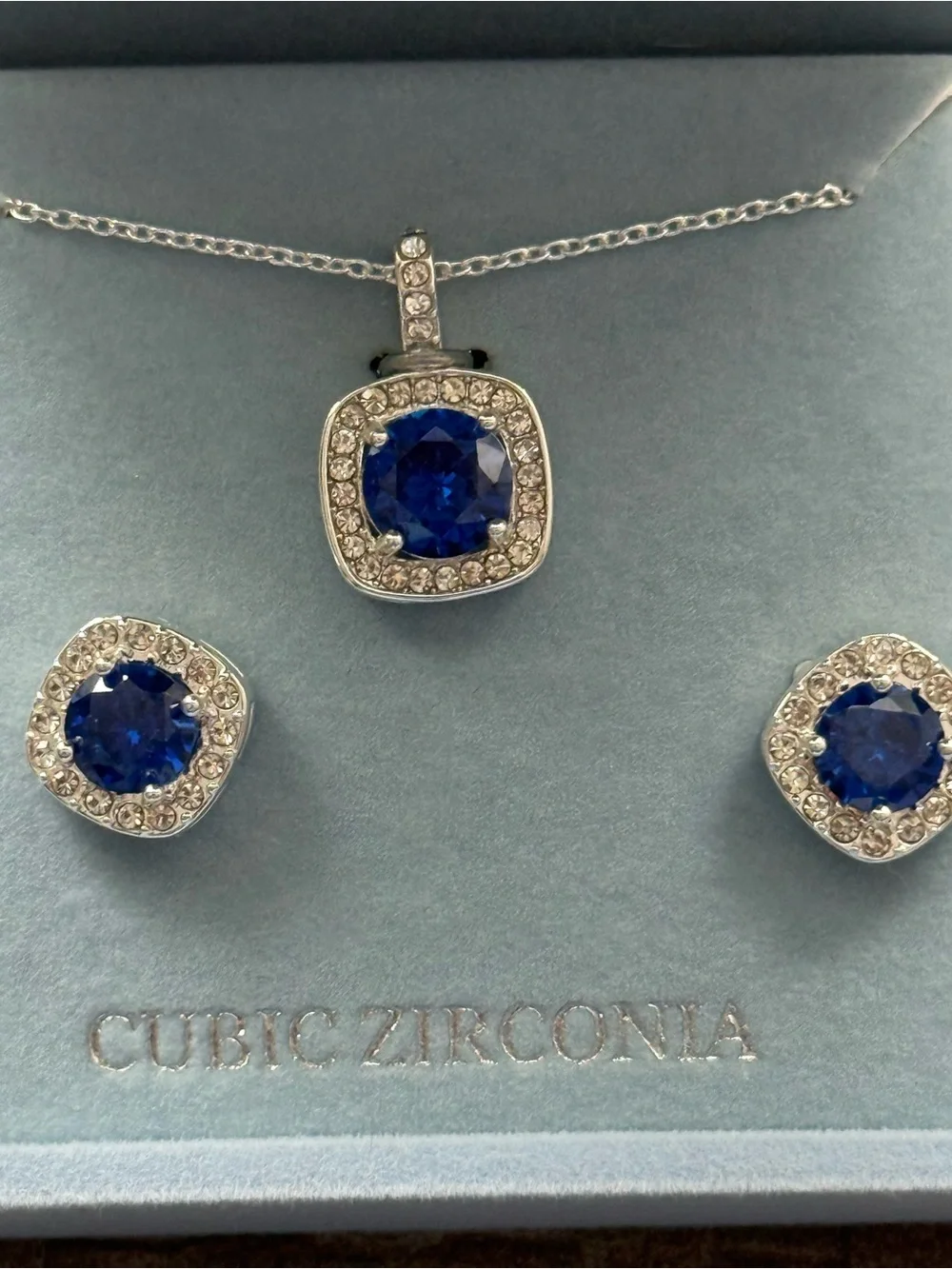 Danecraft  Silver-Plated Blue cubic Zirconia Necklace & Earring Set NEW boxe